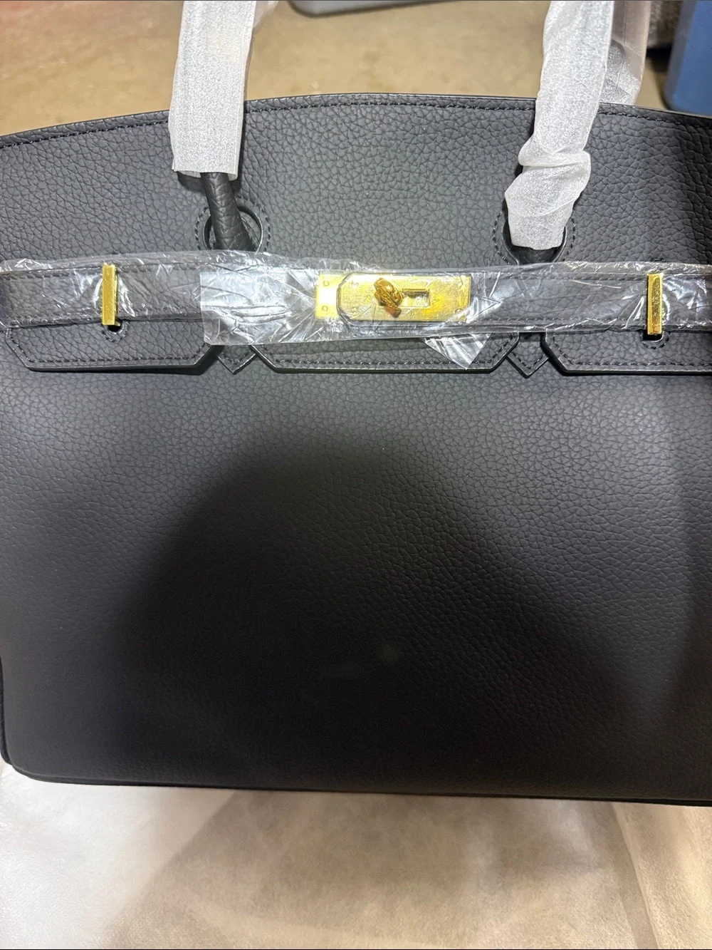 Black Leather Top-Handle Tote Bag with Gold Hardware